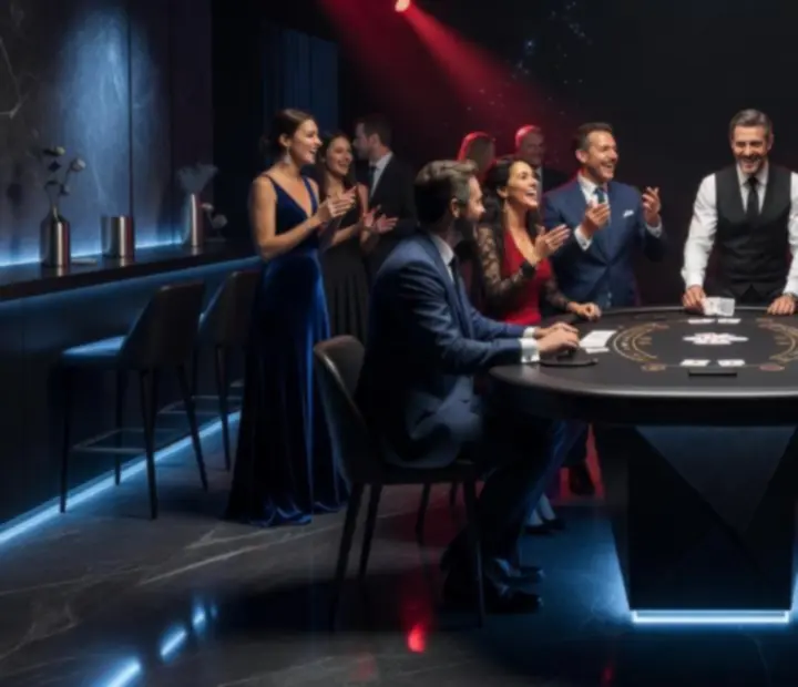Ambiance événementielle autour d’une table de blackjack avec invités et jeux de lumière