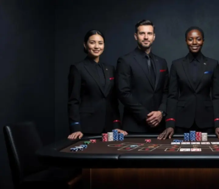 Équipe de croupiers et animateurs événementiels autour d'une table de poker