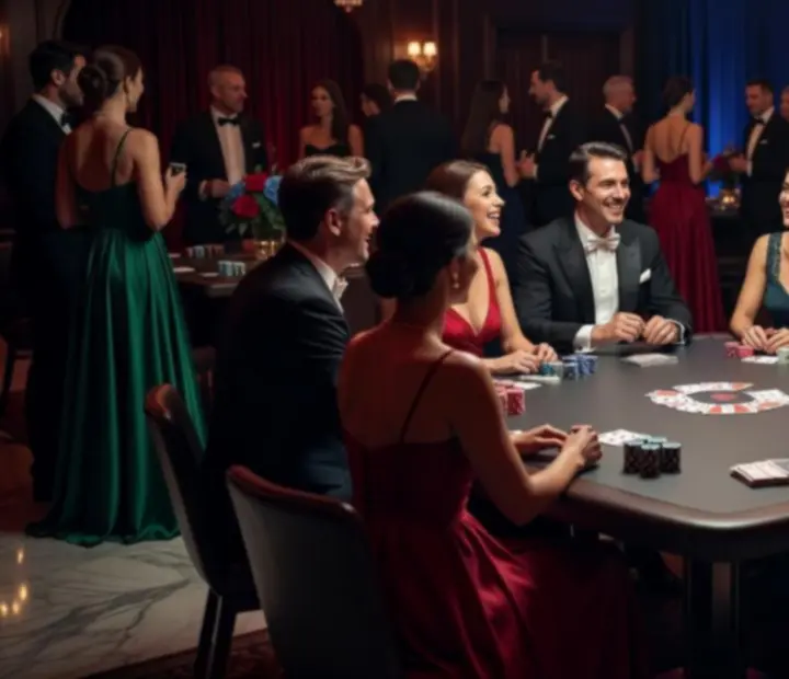 Table de soirée inspirée du poker avec jetons et éclairages rouges et bleus