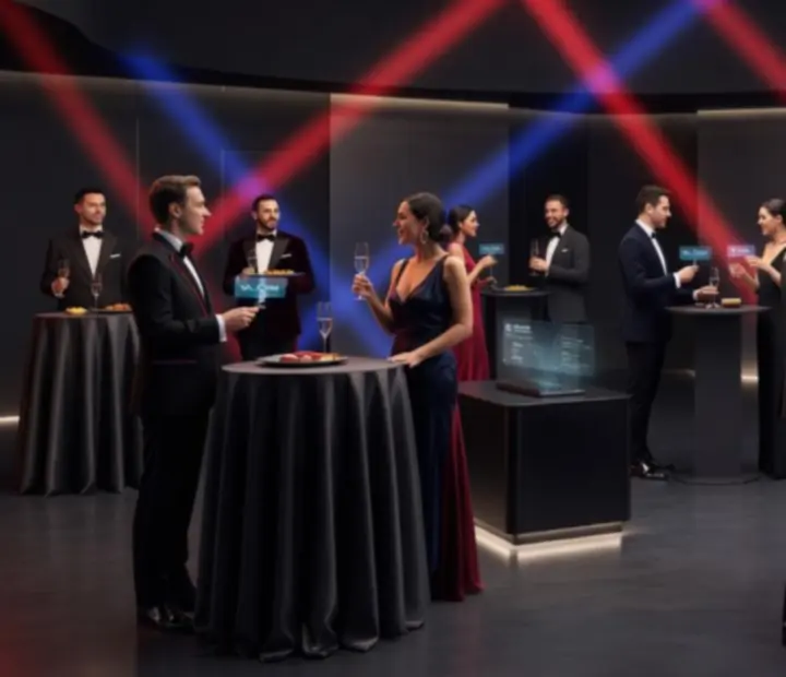 Réception privée de nuit avec éclairages élégants et invités en tenue de soirée