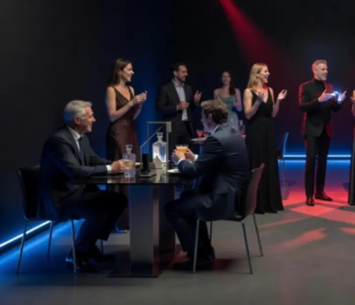 Ambiance lumineuse et invités réunis autour d'une animation de soirée thématique